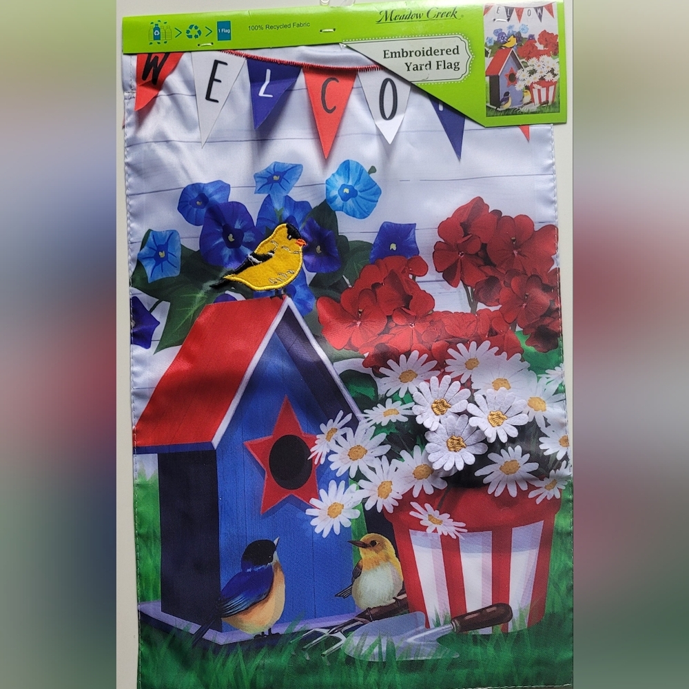 Embroidered Garden Yard Flag Welcome Birds, Flowers Birdhouse